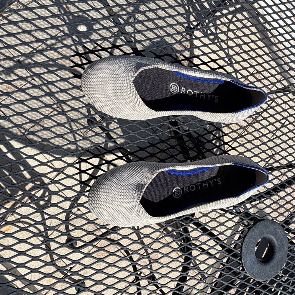 Rothy's Women's Stone colored/Neutral Flats with Black and Blue Accents